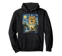 Pomeranian Dog Moon Howling Starry Night Van Gogh Art Style Pullover Hoodie