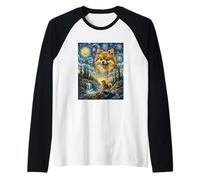 Pomeranian Dog Moon Howling Starry Night Van Gogh Art Style Raglan Baseball Tee