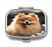 Pomeranian Dog Pill Box 2 Compartment Small Square Pills Case Portable for Pocket Pill Organizer Travel Metal Pill Holder for Office Home Vitamin Medicine Fish Oil