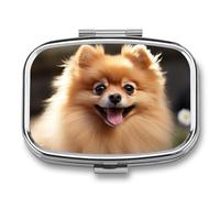 Pomeranian Dog Pill Box with 2 Compartments Portable Metal Medicine Organizer for Pocket Purse and Travel Compact Pill Case and Fish Oil Vitamins Supplements