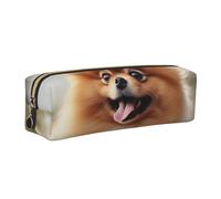 Pomeranian Dog Printed Leather Pencil Case Cute Stationery Organizer Simple Makeup Bag Pen Pouch, Gold Zipper