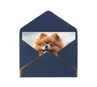 Pomeranian dog Printed Pearl Paper Greeting Card, Blue - Folded Blank Cards with Gold Trim for Weddings, Birthdays, Christmas