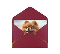 Pomeranian dog Printed Pearl Paper Greeting Card, Dark Red - Folded Blank Cards with Gold Trim for Weddings, Birthdays, Christmas