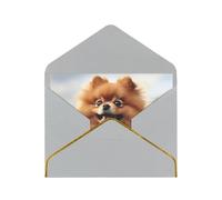 Pomeranian dog Printed Pearl Paper Greeting Card, Light Grey - Folded Blank Cards with Gold Trim for Weddings, Birthdays, Christmas