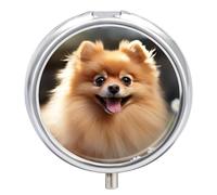 Pomeranian Dog Travel Pill Box Case 3 Compartment Cute Pill Organizer Metal Pill Holder with Mirror Small Medicine Organizer Daily Pill Container for Purse Pocket Portable Meds Box