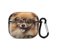 Pomeranian Dog Wearing Glasses Bluetooth Earbuds Case Cover Full Body Shockproof Protection Hard Case Support Wireless Charging with Keychain Personalized Gift for AirPods 3
