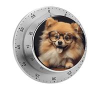 Pomeranian Dog Wearing Glasses Mechanical Kitchen Timer for Cooking 60 Min with Magnetic Backing Loud Alarm,Stainless Steel Wind Up Countdown Timer Cute Egg Timers for Cooking Studying Gaming Classro
