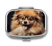 Pomeranian Dog Wearing Glasses Pill Organizer Container for Travel, Metal 2 Compartment Square Pill Case, Portable Mini Medicine Box Pill Storage Case for Purse Pocket, Supplement Storage
