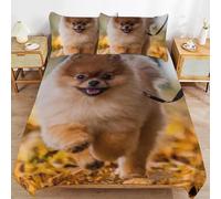 Pomeranian Duvet Cover 225x225 cm Dog Bedding Quilt Cover 3 Pcs, 3D Autumn Print Reversible Bedding Set Ultra Soft Brushed Microfiber Bed Set Bedroom Decor, 2 Pillowcases b6916