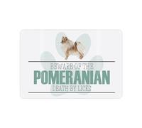 Pomeranian Novelty Dog Sign - Beware the Dog Funny Metal Plaque - Paw Print Pet Wall Decor 28cm x 20cm