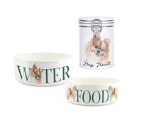 Pomeranian Pet Bowls & Treats Canister Set - Painted Dog Portraits by Rhiannon Chauncey - White Ceramic Food & Water Dishes and Clip-Lid Tinplate Canister For Dogs (Set of 3)