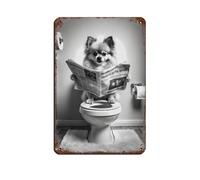 Pomeranian Sitting on The Toilet Black And White Print Canvas Wall Poster Funny Animals Mural Curious Humor Toilet Wall Art Fun Black And White Bathroom Decor Retro Poster Metal Tin Sign Chic Art Retr