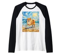 Pomeranian Starry Night Dog at The Beach Artwork Raglan Baseball Tee