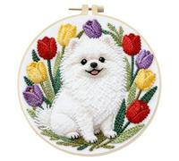Pomeranian Tulip Full 11CT DIY Stamped Cross Stitch Kits 24x24cm Embroidery Needlepoint Starter Kits with Hoop Cross Stitch Art and Crafts Kits for Beginners Adults Home Decor