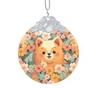 Pomeranians Cartoon Flowers Christmas Ornament Round Shape Glass Christmas Hanging Pendants for Xmas Tree Decoration, Unique Acrylic Suncatcher Xmas Decor Holiday Pendants Gift Silver