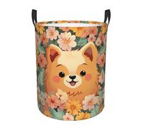 Pomeranians Cartoon Flowers Laundry Hamper with Handle Waterproof Collapsible Laundry Basket Circular Dirty Clothes Hamper Lightweight Storage Basket for Bathroom Bedroom Car Small