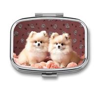 Pomeranians Puppies And Point Pill Box Travel Pill Organizer 2-Compartment with Mirror Design Portable Square Medicine Case for Vitamins, Jewelry & Essentials Durable Pocket Pillcase for Purse, Campin