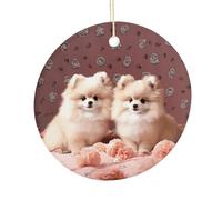 Pomeranians Puppies And Point Round Ceramic Pendant Hanging Festival Ornament, Personalized Double Sided Ceramic Home Decor, Lightweight Durable Hanging Ornament Gift for Home, Party, Women Men