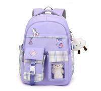 POMN Aesthetic Backpack with Cloud Pendant and Cute Bear Laptop Backpacks Kawaii Large Bookbag Anime Casual Travel Daypack, Purple, L