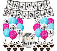 POMNUG Music Notes Party Decorations - Includes Happy Birthday Banner, Cake Topper, Cupcake Toppers, Balloons - Perfect for Music Themed Parties, Birthdays - Black, White, Red