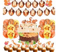 POMNUG Squirrel Birthday Party Decorations - Woodland Animals Supplies Including Banner, Cake Topper, Cupcake Toppers, Balloons for Zoo Animals Party