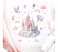 Pomodee Pink Castle Wall Stickers Peel and Stick,Fairy Tale Unicorn Wall Decals Clouds,Wall Decor for Girl Bedroom Baby Nursery Toddler Room