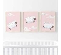 Pompom Prints® Counting Sheep Nursery Wall Art Picture Prints. A4 Poster for Baby Boy or Girl. Set of 3 [Picture Frames NOT Included] (Pink)