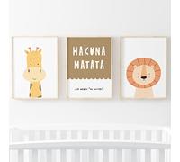 Pompom Prints® Safari Boho Set of 3 Kids Bedroom Prints, Scandi playroom Prints, Giraffe and Lion, Hakuna Matata Childrens Room Prints (8x10 Inch)