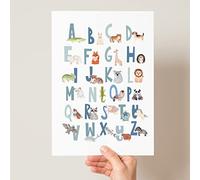 Pompom Prints Scandi Animal Alphabet, Children's Educational Print, Boho ABC Poster, Peg Letters Print, Woodland SAFARI animal Alphabet (A3, Blues)