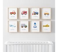 Pompom Prints® Watercolour Cars Children's Nursery Bedroom Wall Art Picture Prints + Inspirational Quotes Poster for Baby Boy | Set of 8 [Picture Frames NOT Included] (8 Prints, Set 3, 8x10 Inch)