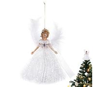 Pomrone Angel Christmas Tree Topper, Mini Angel with Feather Wings, Traditional Style, White