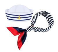 Pomurom Yacht Captain Hat and Scarf Set, Blue and White Stripes Sailor Hat and Scarf Set, Sailor Captain Cap, Navy Sailors Outfit Dressing Up for Adults Teens Women Men Sailor Costume Accessories