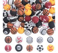 PONABEADIY 1 Box 100PCS Round Sports Beads with Holes Polymer Clay Basketball Rugby Baseball Volleball Assorted Ball Games Loose Bead for Jewellery Making Keychains Bracelets Necklace Diy Crafts