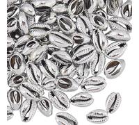 PONABEADIY 1 Box 100PCS Silver Cowrie Shells Open Back Natural Shell Beads Summer Electroplated Sea Hawaii Ocean seashell Plated Charms Bead for Jewellery Making Bracelets Necklaces Diy Craft Supply