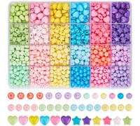 PONABEADIY 1 Box 1140PCS 24 Colours Kawaii Acrylic Beads Kit with Hole Pastel Cute Heart Star Mixed Rainbow Pink Blue Purple Yellow Macaron Loose Bead Bulk for Jewellery Making Bracelet DIY Crafts
