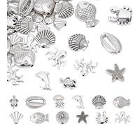 PONABEADIY 1 Box 12 Styles 60PCS Silver Sea Beads Summer Alloy Spacer Marine Ocean Theme Hawaii Turtle Fish Shell Animal Metal Assorted Antique Charms Bead for Jewellery Making Bracelets DIY Crafts