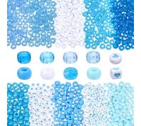 PONABEADIY 1 Box 1200pcs 10 Styles Blue Pony Beads Kit Acrylic Small Barrel Flat Cube Heart Kandi Transparent Opaque Loose Spacer Bead Bulk for Jewellery Making Bracelet Hair Braids Party Diy Crafts