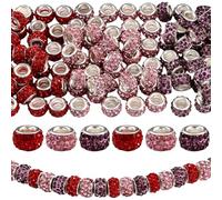 PONABEADIY 1 Box 120PCS European Large Hole Rhinestone Beads Rondelle with Silver Plated Brass Cores Red Pink Purple Sparkle Polymer Clay Loose Bead for Jewellery Making Bracelets Necklaces Diy Crafts