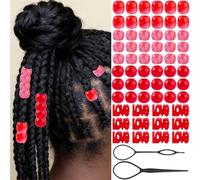 PONABEADIY 1 Box 120PCS Valentine Hair Beads Kit with Braiding Tool Red Love Assorted Plastic Large Hole Acrylic Rondelle Barrel Spacer Loose Bead Bulk for Jewellery Making Hairs Braids DIY Craft