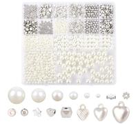 PONABEADIY 1 Box 1306PCS White Pearl Beads Kit ABS Plastic Round Heart Star Flower Pearls Acrylic Brass Rhinestone CCB Plastic Loose Spacer Bead Bulk for Jewellery Making Necklace Bracelets Diy Crafts