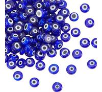 PONABEADIY 1 Box 147PCS 8MM Evil Eye Beads with Hole Lampwork Glass Handmade Turkish Blue Eyes Flat Round Lucky Charms Loose Spacer Bead Bulk for Jewellery Making Bracelets Necklaces Diy Crafts Supply