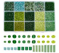 PONABEADIY 1 Box 15 Styles 150g Green Glass Seed Beads Sets with Hole Bugle Tube Tiny Small Assorted Long Round Flat Loose Spacer Bead Bulk for Jewellery Making Bracelets Necklace Earrings DIY Crafts