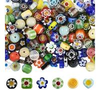 PONABEADIY 1 Box 180PCS 6 Styles Lampwork Beads Glass with Hole Millefiori Handmade Assorted Flower Heart Flat Round Cube Charms Loose Bead for Jewellery Making DIY Bracelets Necklaces Craft Supply