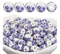 PONABEADIY 1 Box 180PCS 6MM Ceramic White Blue Flower Beads with Hole Handmade Porcelain Beads Printed Flowers Floral Round Smooth Spacer Bead Bulk for Jewellery Making Bracelet Necklace Diy Crafts