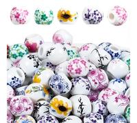 PONABEADIY 1 Box 180PCS 8MM Porcelain Flower Beads with Large Holes Handmade Macrame Ceramic 3MM Hole Mixed Colors Flowers Printed Loose Spacer Bead for Jewellery Making Bracelets Necklaces DIY Crafts