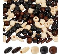 PONABEADIY 1 Box 180PCS Mixed Wood Beads with Large Holes Xmas Brown Dyed Oval Barrel Shaped Assorted Spacer Loose Wooden Bead Charms Bulk for Jewellery Making Necklaces Bracelet Diy Craft Supplies