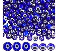PONABEADIY 1 Box 2 Styles 194PCS Blue Evil Eye Beads with Hole Turkish Round Flat Handmade Lampwork Charms Bead Strand Loose Spacer Bulk for Jewellery Making Necklace Earring Bracelet Diy Craft Supply