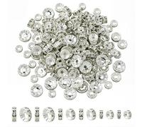 PONABEADIY 1 Box 200PCS 6MM 8MM 10MM Silver Plated Crystal Rhinestone Spacer Beads with Holes Shiny Rondelle Spacers Charms Loose Bead Bulk for Jewellery Making Bracelets Necklaces Diy Craft Supplies