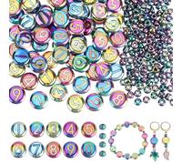 PONABEADIY 1 BOX 270PCS Flat Round Glass Number Beads 0-9 Rainbow Plated Numbers Alphabet Digital Numeric with Rondelle Seed Spacer Loose Bead for Jewellery Making Bracelets Necklaces Diy Craft Supply