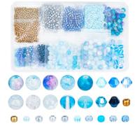 PONABEADIY 1 Box 2722PCS 8mm Blue Glass Beads Kit with Hole Crystal Round Bicone Seed Assorted Crackle Smooth Loose Spacer Bead Bulk for Jewellery Making Necklaces Bracelets Summer DIY Crafts Supply